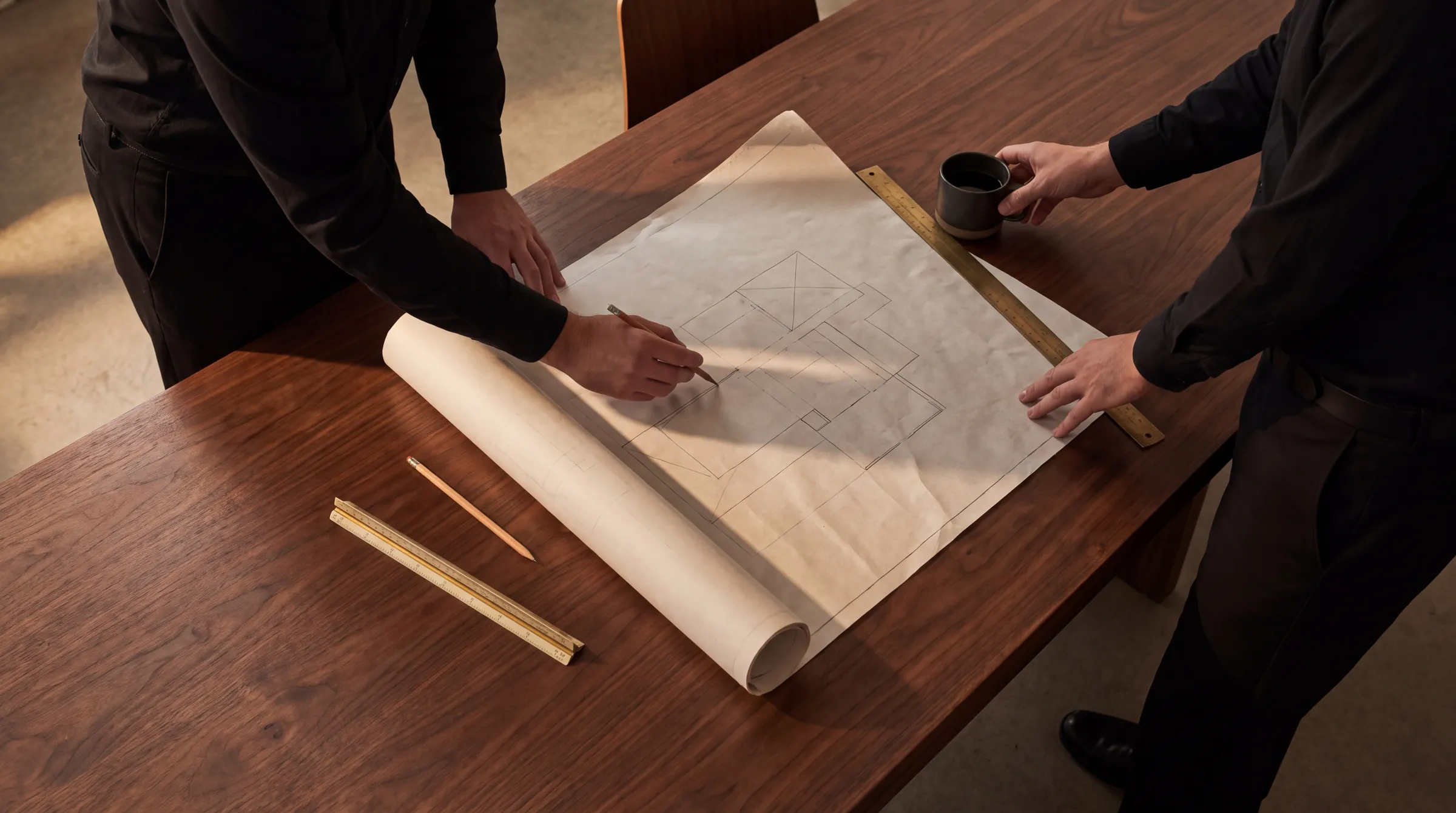 Two people laying out a plan on a walnut table