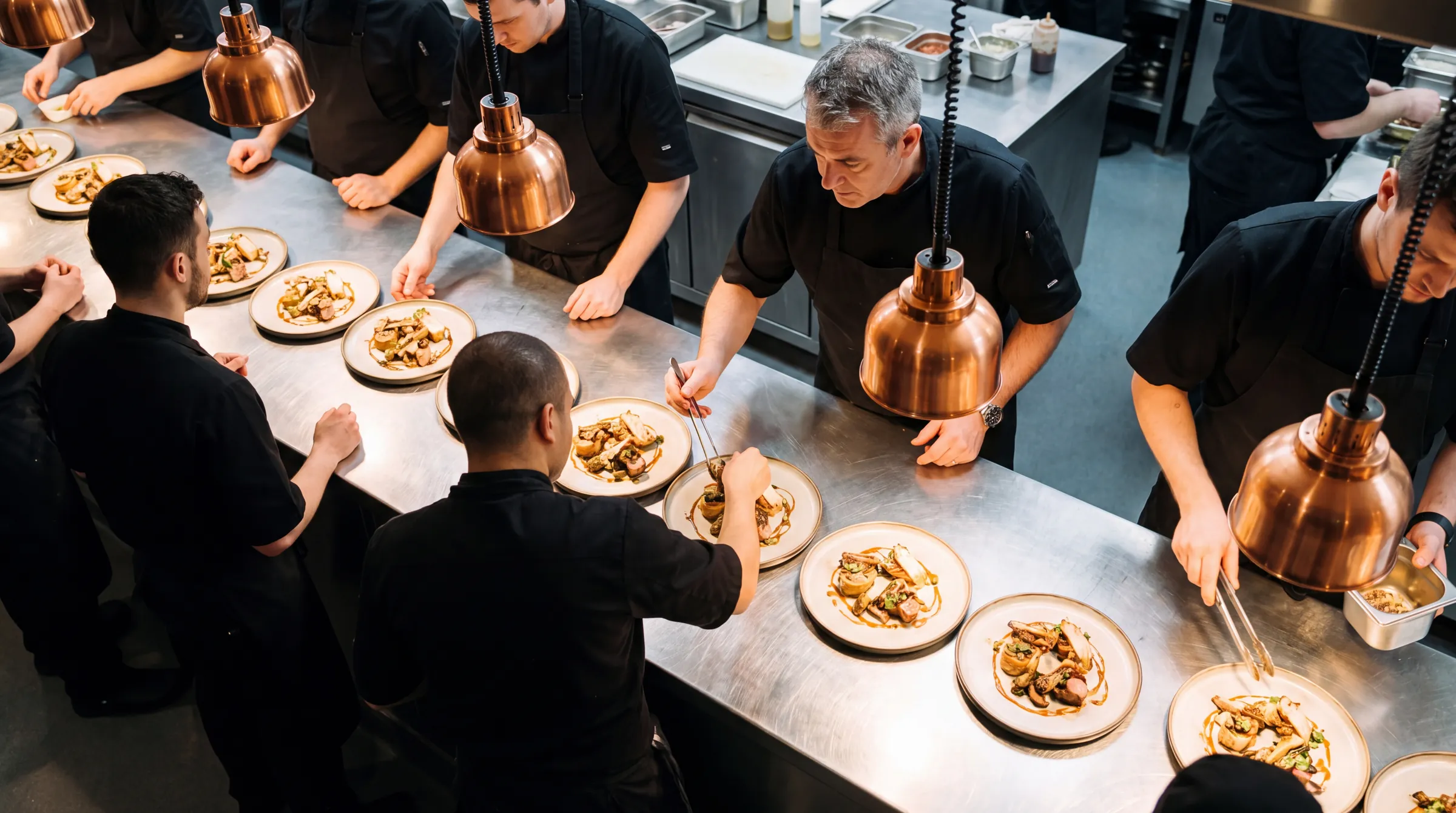 A fine-dining kitchen pass from above, chefs plating in a line