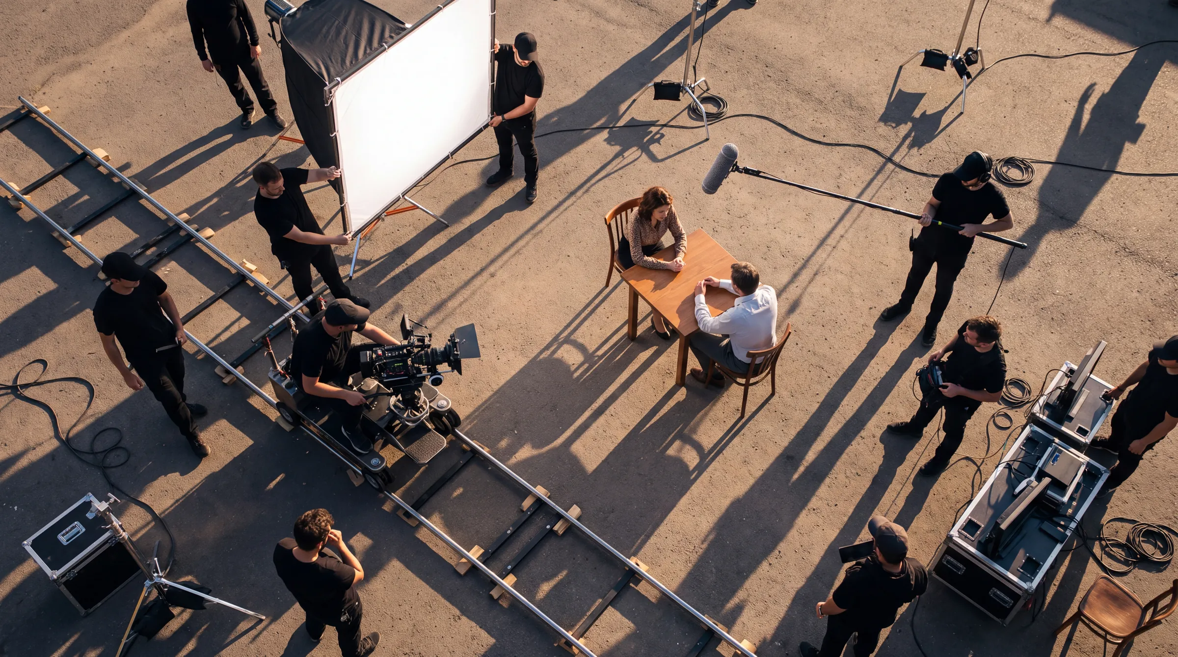 A film set from above: camera on a dolly, soft light, boom microphone and two actors at a table