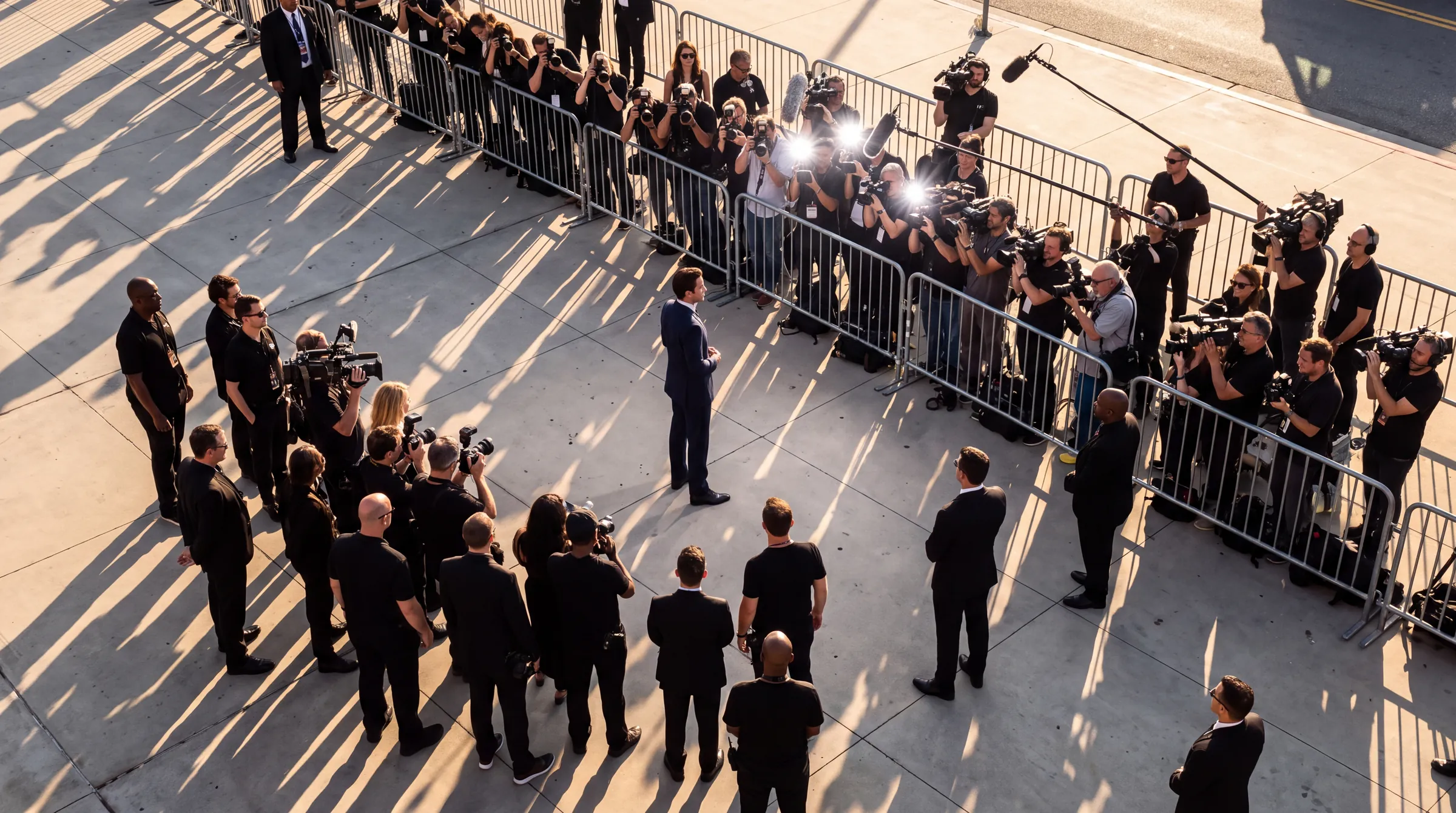 A press line from above: photographers and TV crews, flashes firing, the crew in black managing the line