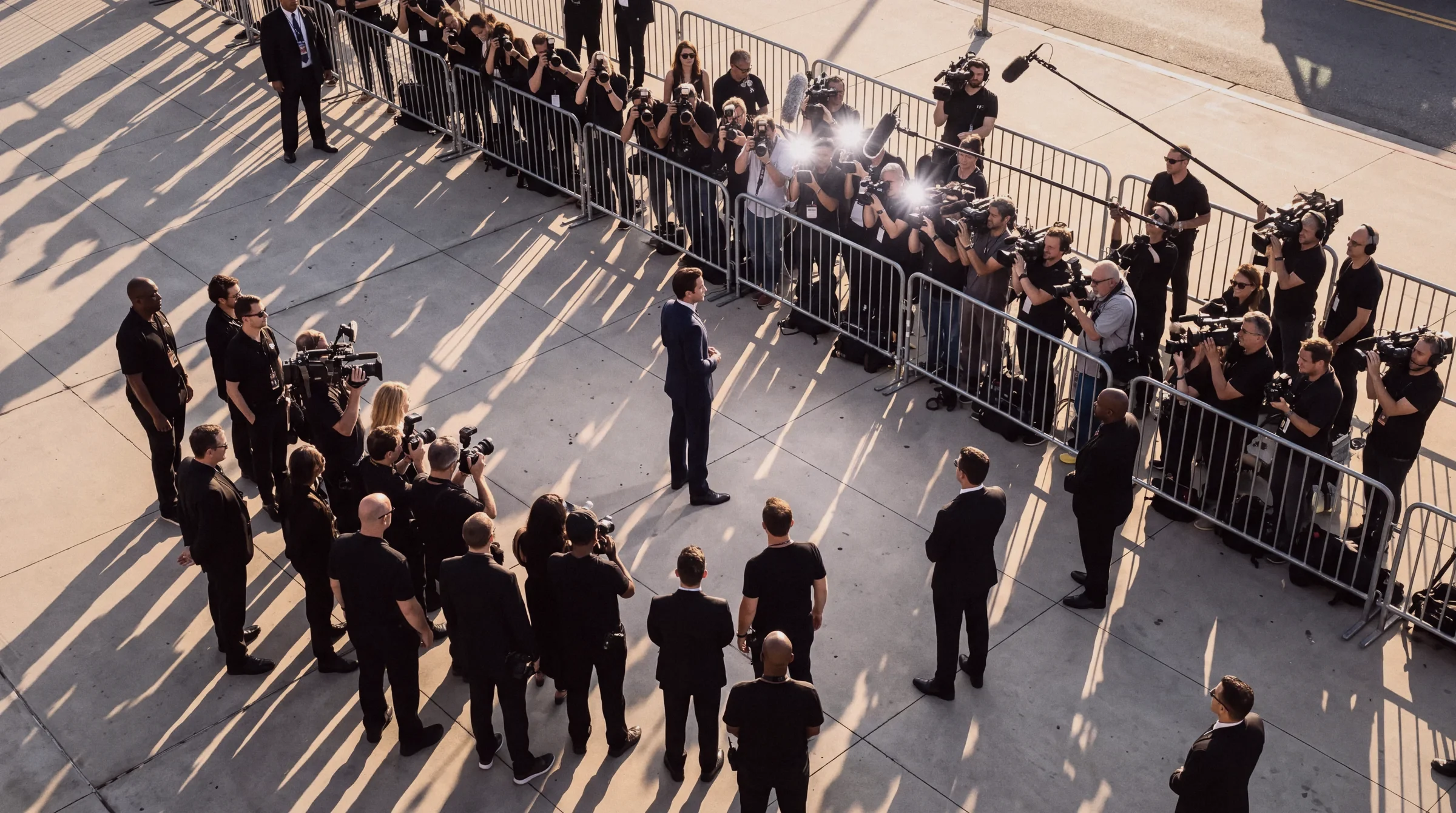 A press line from above: photographers and TV crews, flashes firing, the crew in black managing the line