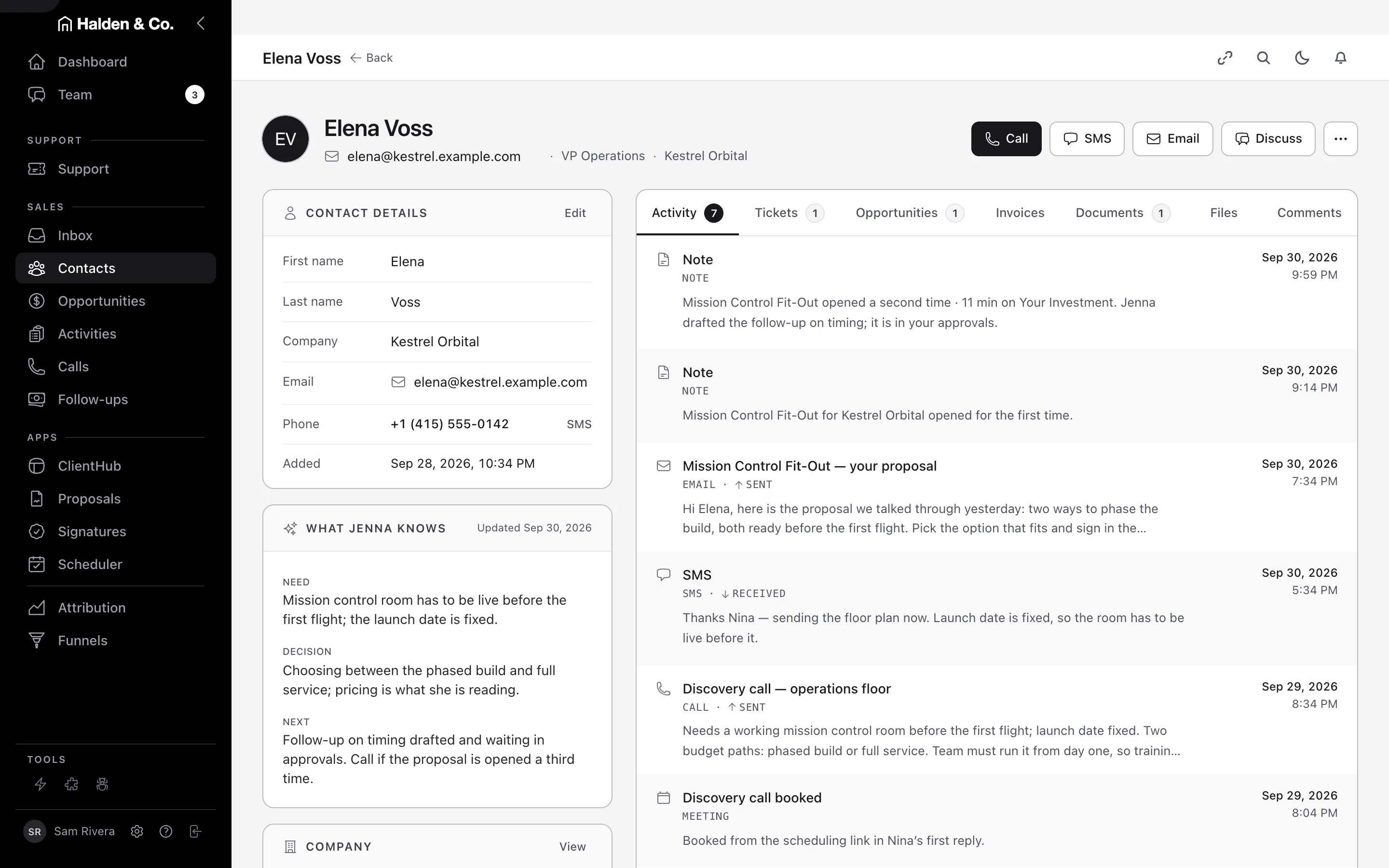 Elena Voss’s record in AMW CRM: the call, the text, the proposal and both opens on one timeline, with what Jenna knows beside it