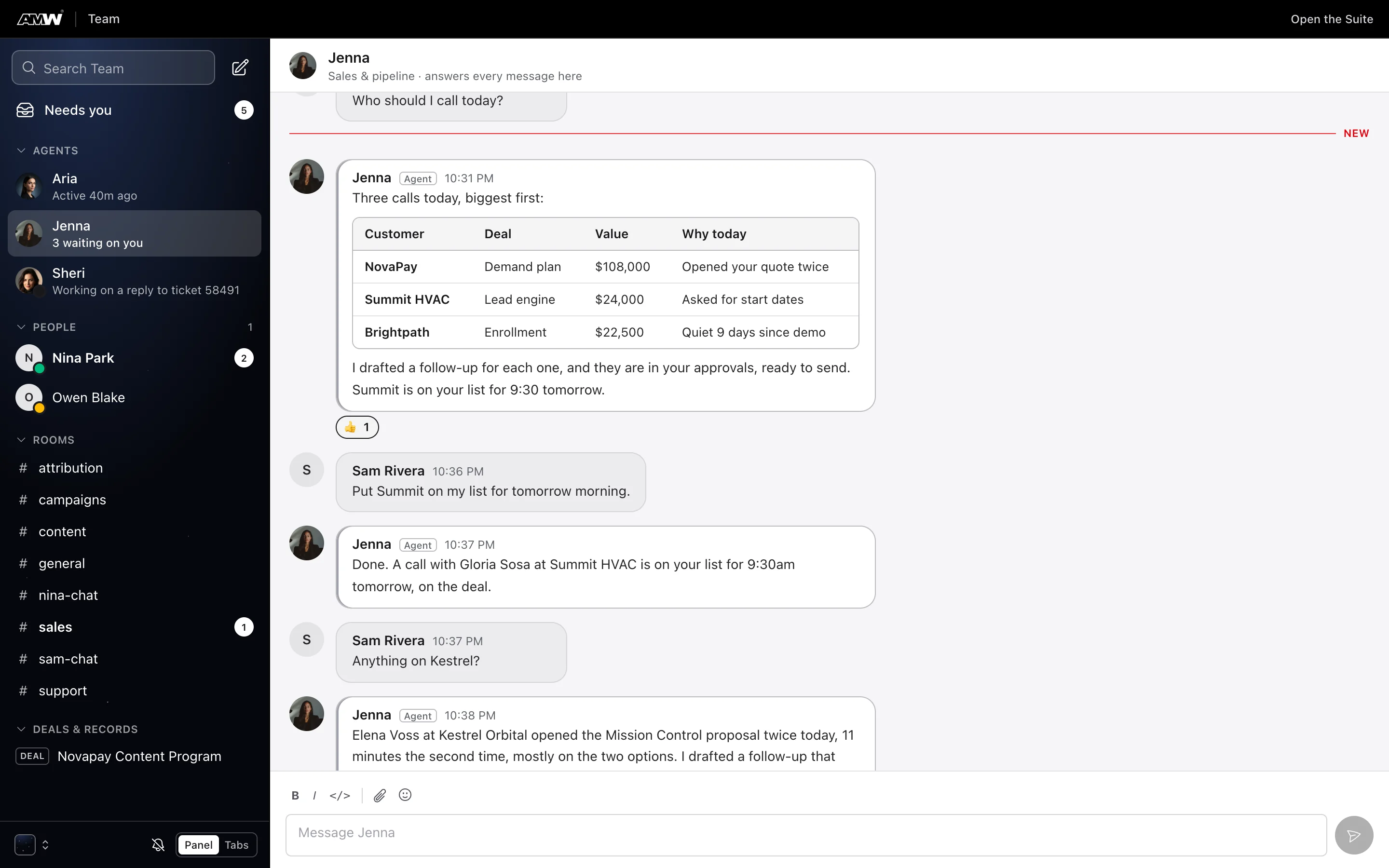 A chat with Jenna showing her three calls for today, Sam asking about Kestrel, and Jenna’s reply with a drafted follow-up