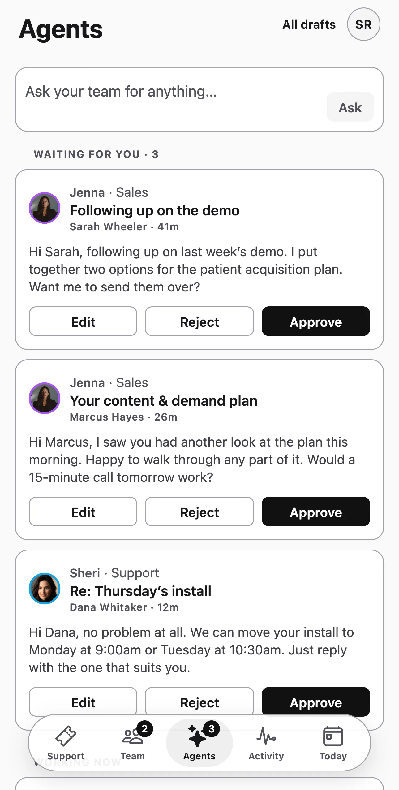 The iPhone app: Jenna’s follow-ups for Sarah Wheeler and Marcus Hayes and Sheri’s reply to Dana, each waiting for Edit, Reject or Approve