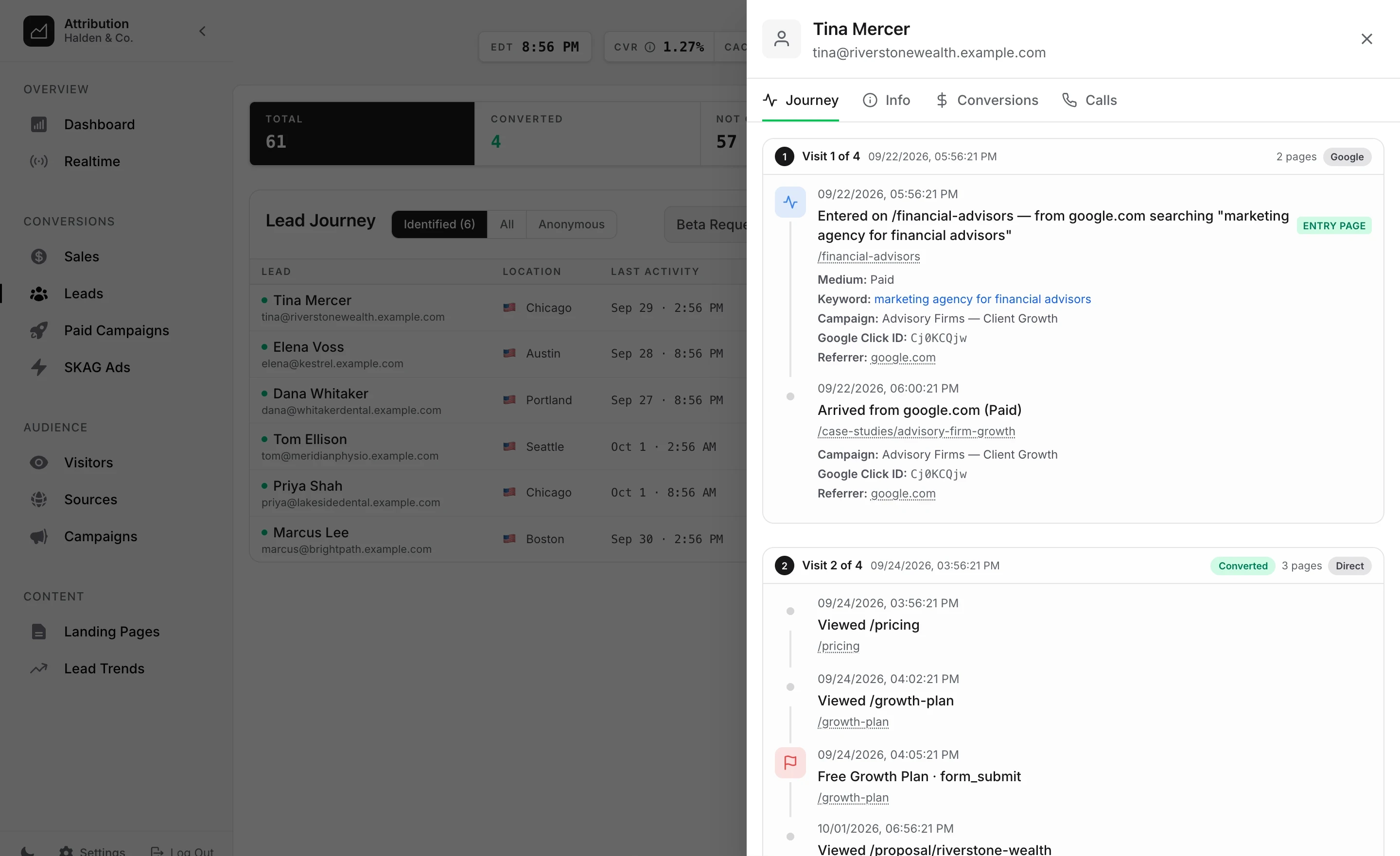 Tina Mercer’s visits in AMW Attribution: her first from the Google ad, with the keyword and click ID; her second straight to the pricing page and the growth plan form; then the proposal