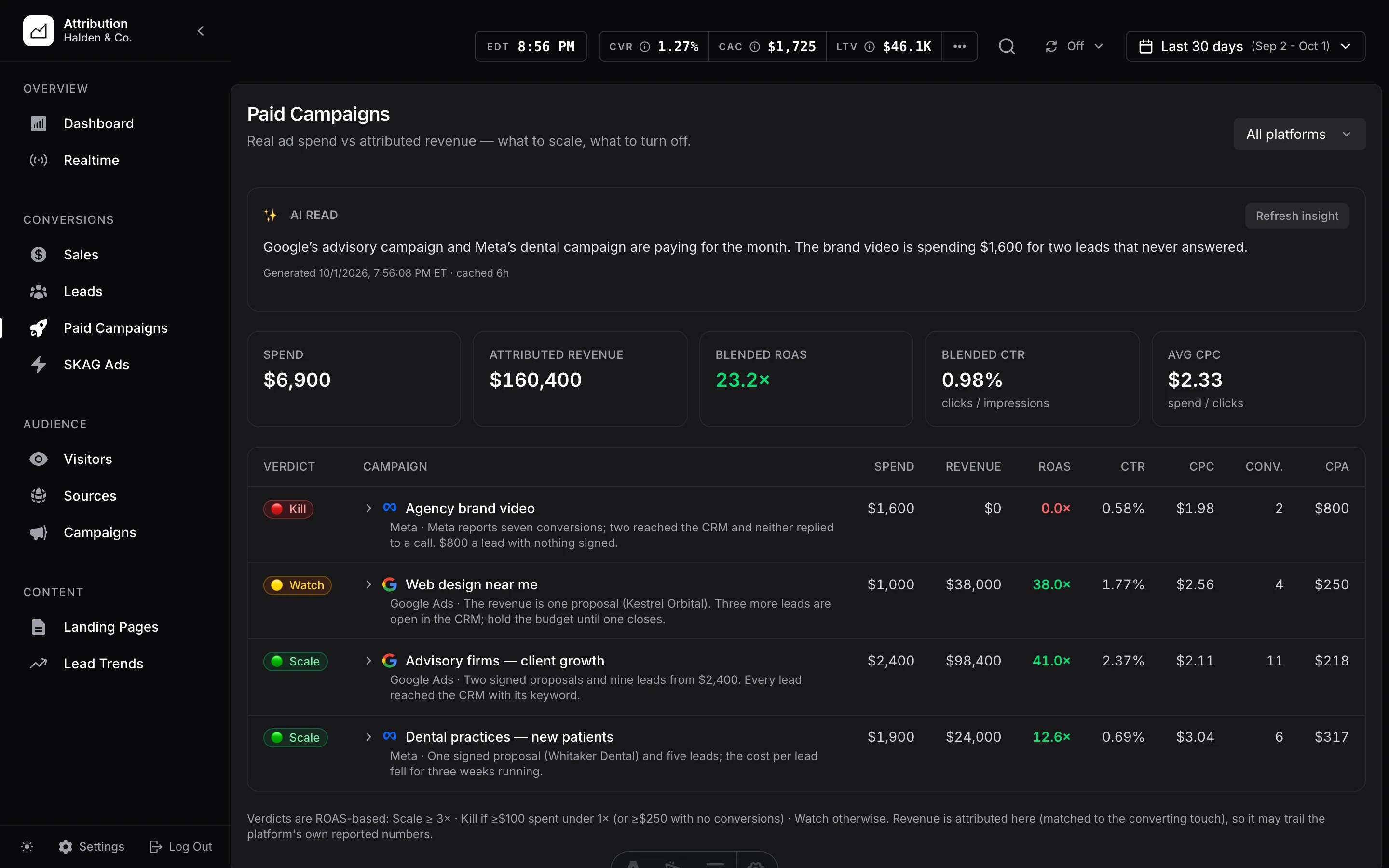Paid campaigns at Halden & Co.: $6,900 spent and $160,400 in revenue traced to the ads, with a verdict on each campaign: scale the advisory and dental campaigns, watch web design, stop the brand video