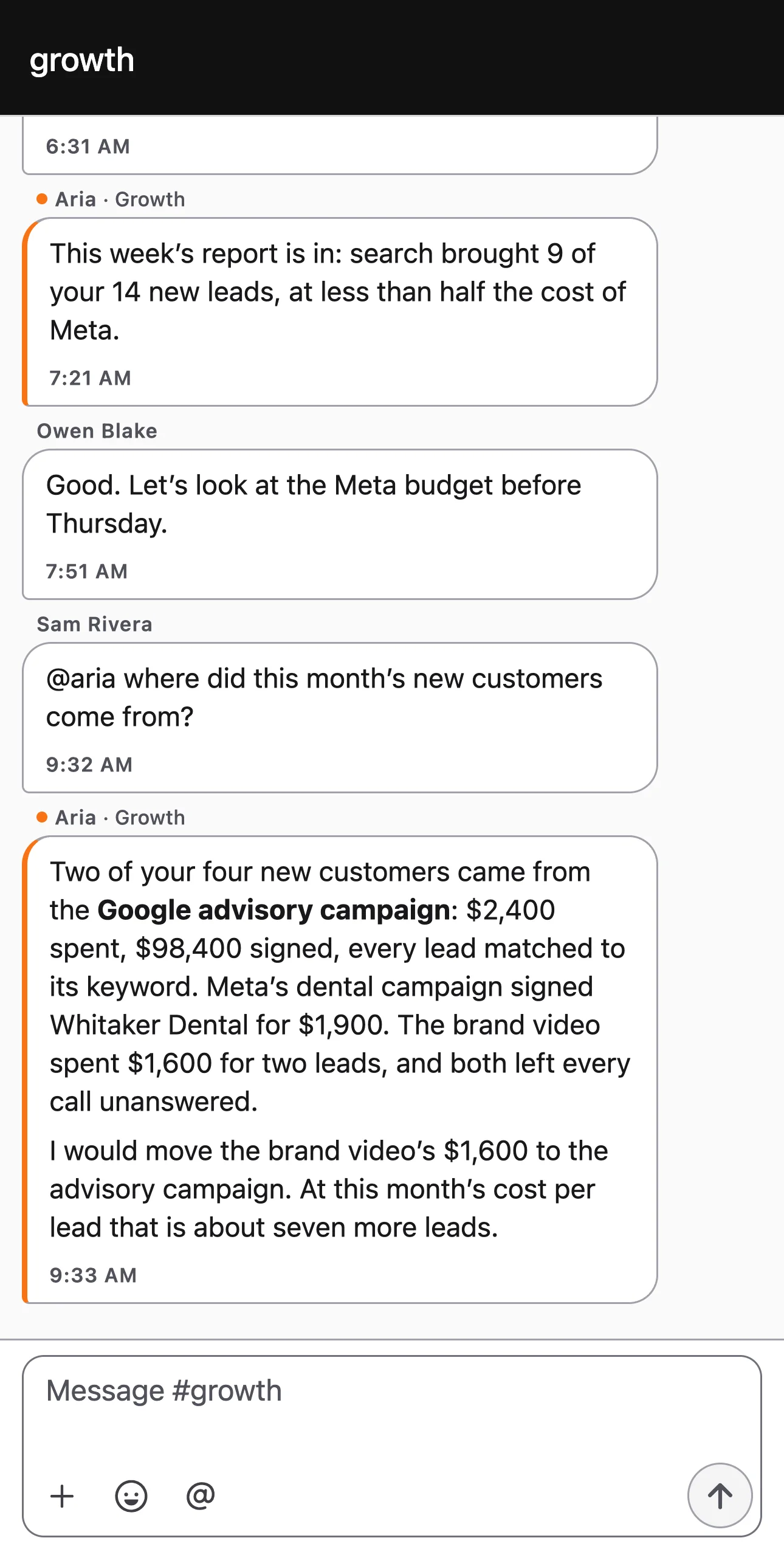 The iPhone app, #growth: Aria says which campaigns brought this month’s customers and where to move the brand video’s budget