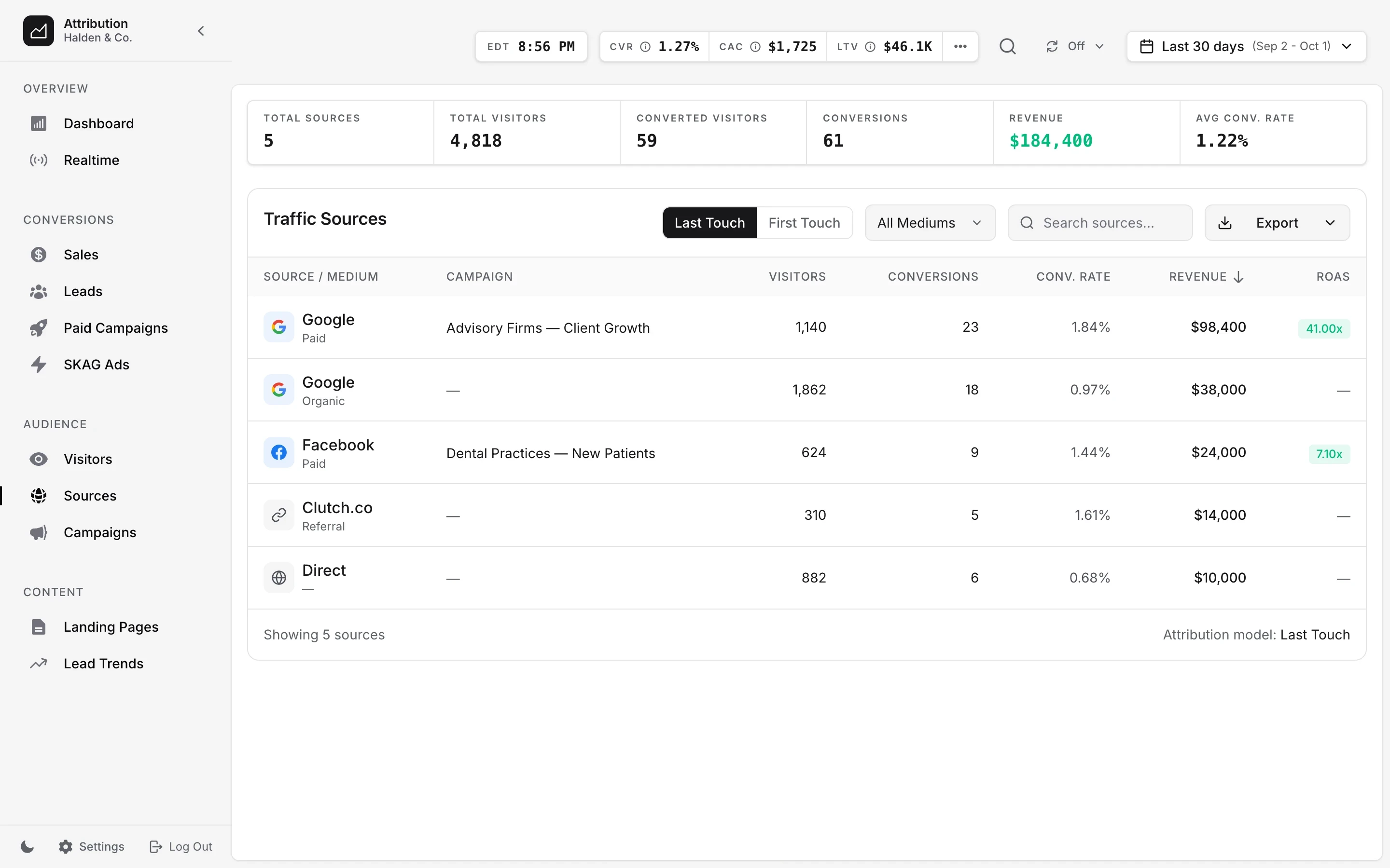 Traffic sources at Halden & Co.: Google paid and organic, Meta, Clutch and direct, with visitors, conversions, conversion rate, revenue and ROAS