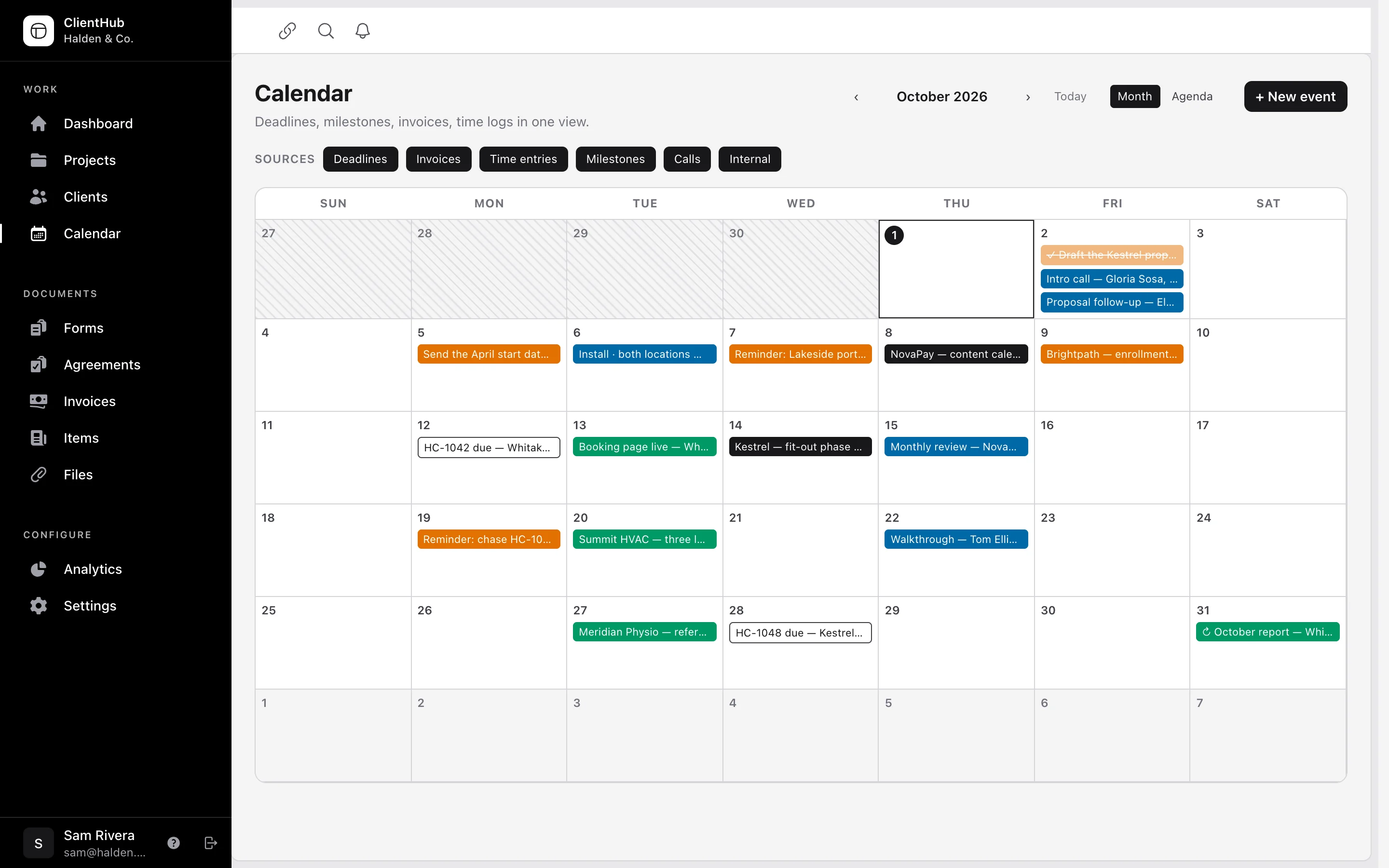 Halden & Co.’s shared calendar for October: deadlines, calls, invoices and reminders across every campaign