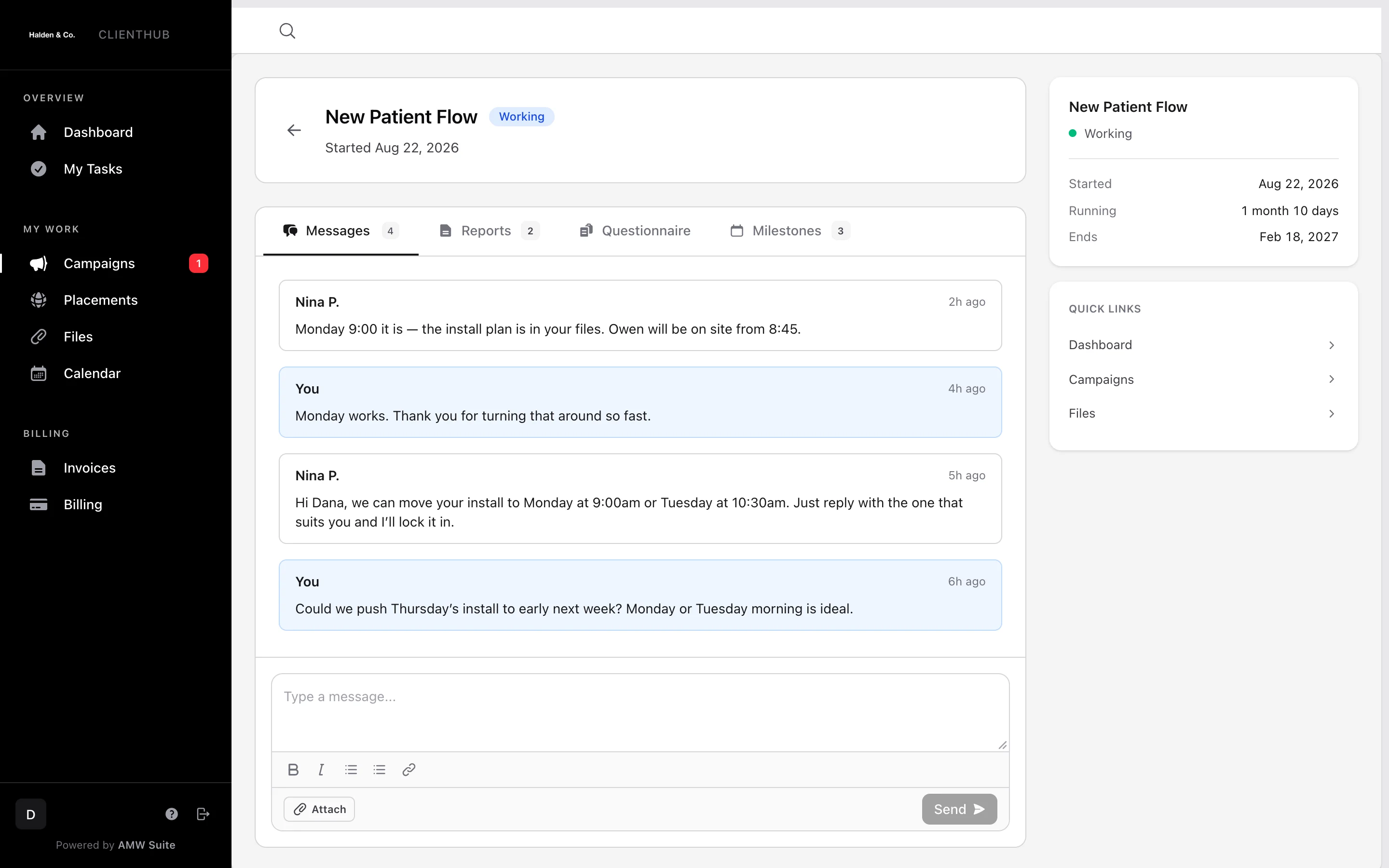 The New Patient Flow messages in Dana’s portal: her request to move the install, Nina’s reply with two slots, Dana’s pick, and Nina’s confirmation with the plan in the files