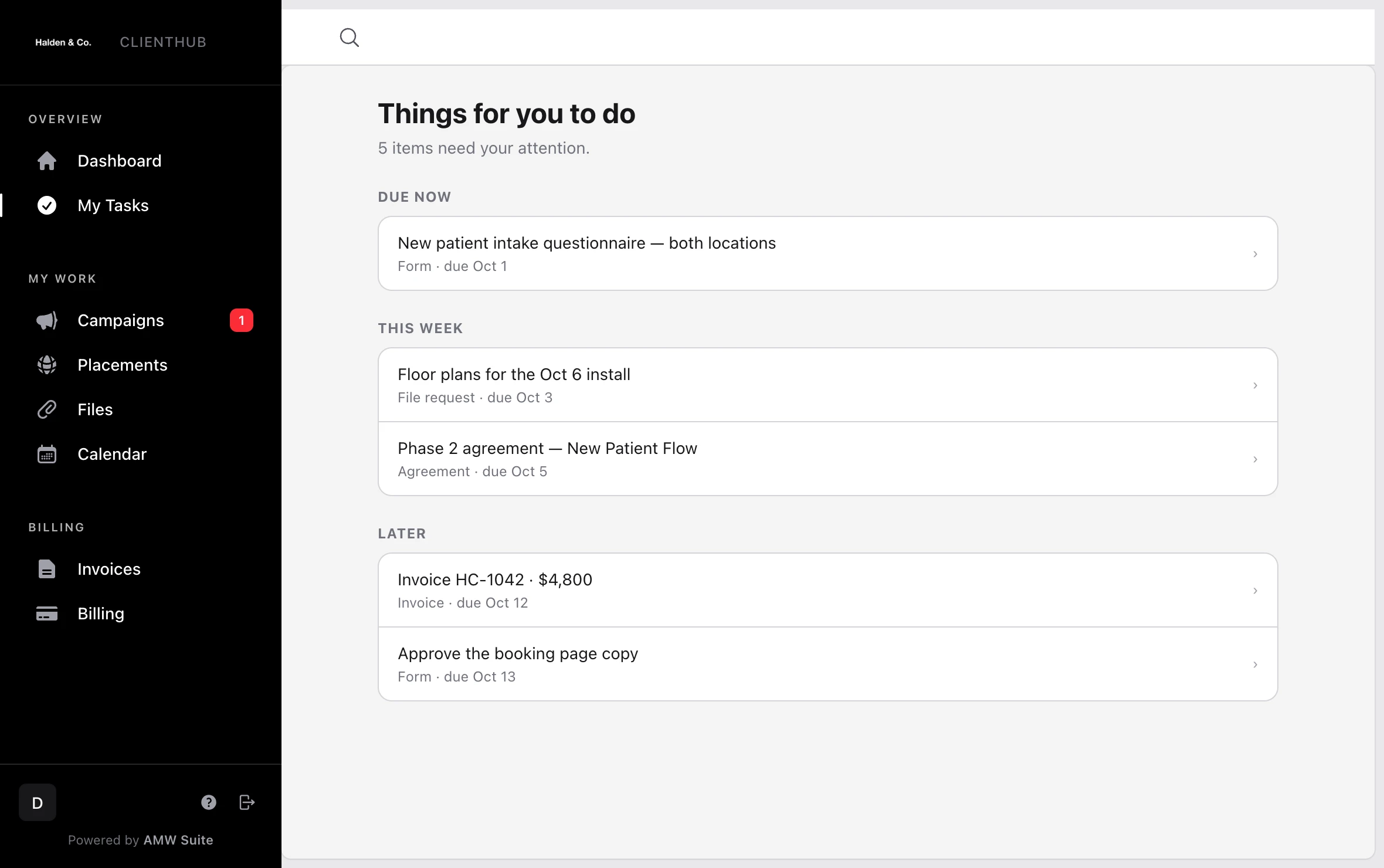 Dana’s My Tasks page in the Whitaker Dental portal: Due now, This week and Later, with the intake questionnaire, the floor plans for the Oct 6 install, the Phase 2 agreement, invoice HC-1042 and the booking page copy