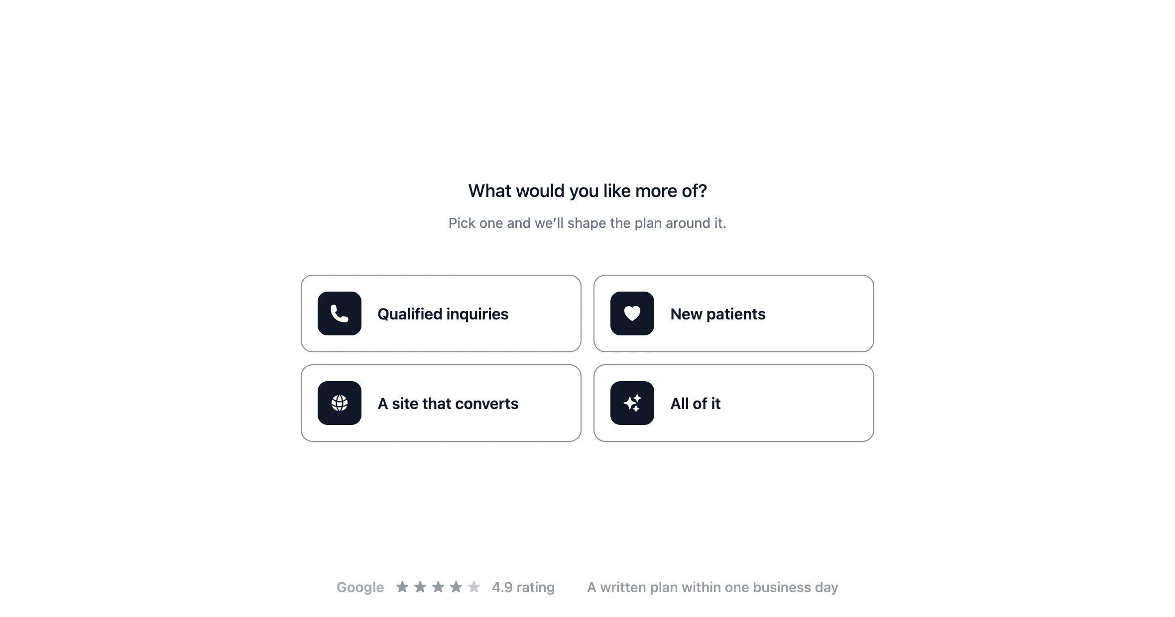 The Free growth plan form as Tina saw it: the question What would you like more of, four cards, a 4.9 Google rating and the promise of a written plan within one business day