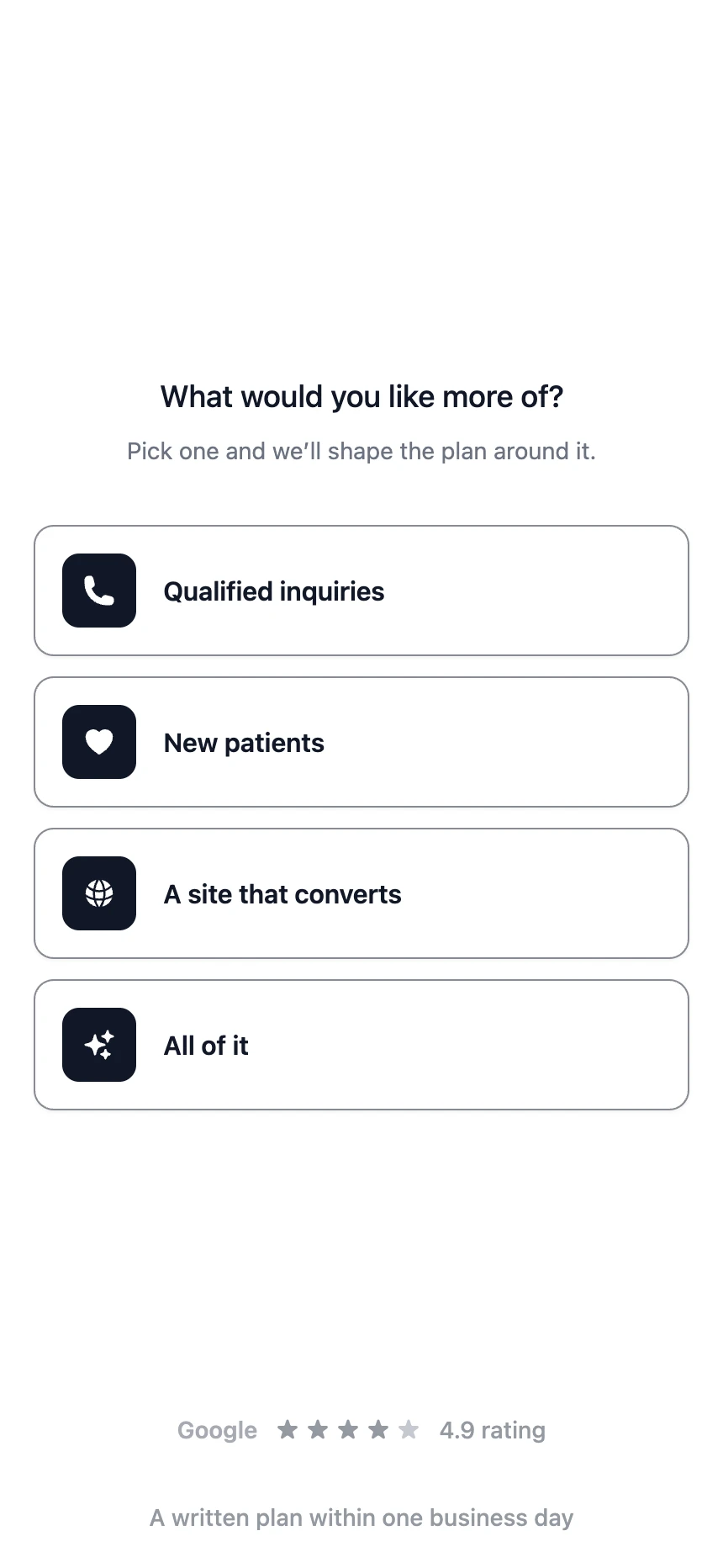 The Free growth plan form on a phone: question one, four cards