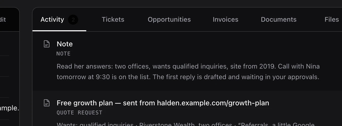 The two entries under Tina’s name in AMW CRM: Jenna’s note and the growth plan form