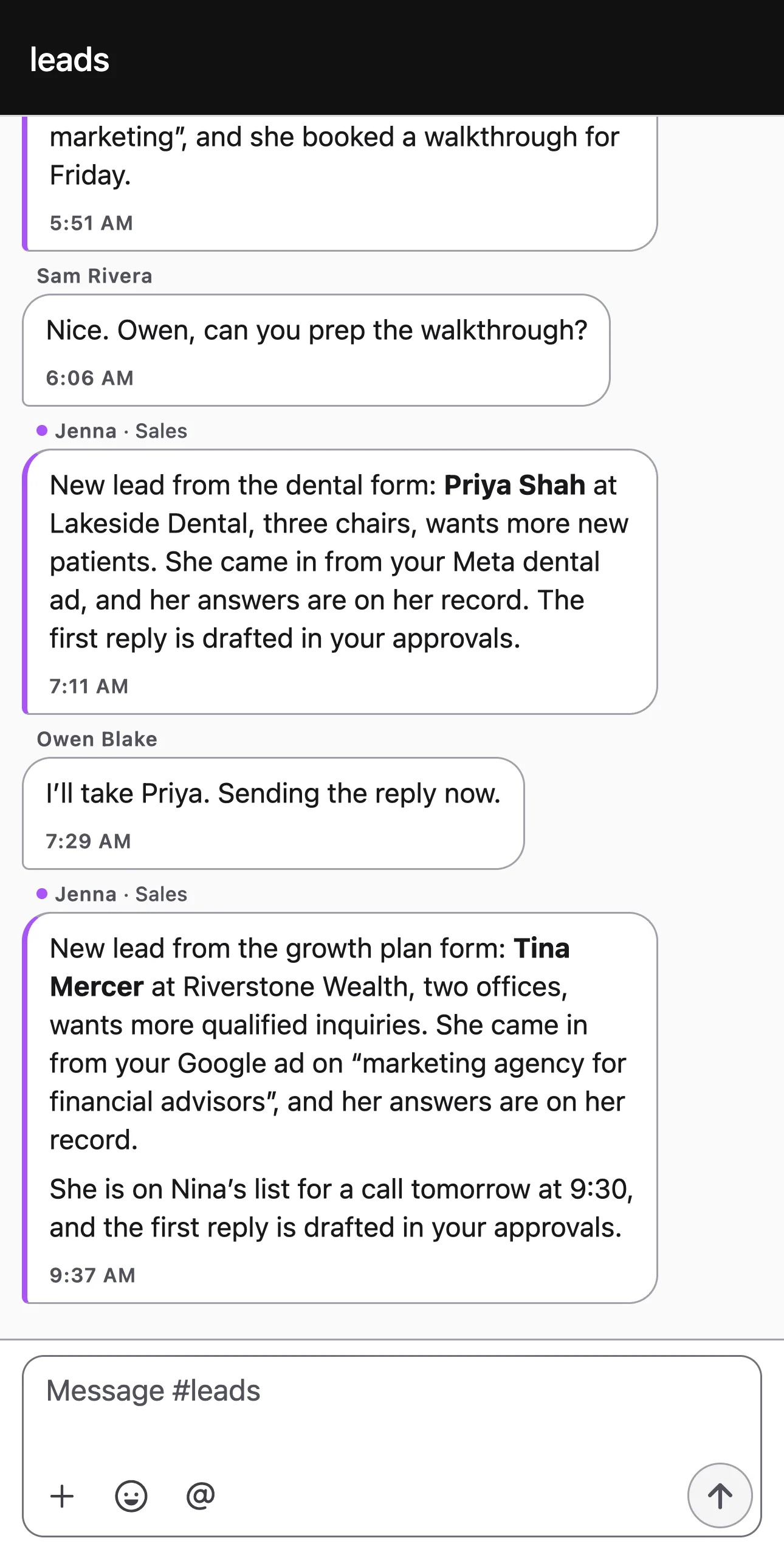 The iPhone app, #leads: Jenna posts each new form lead with the ad they came from and what they asked for, and drafts the first reply