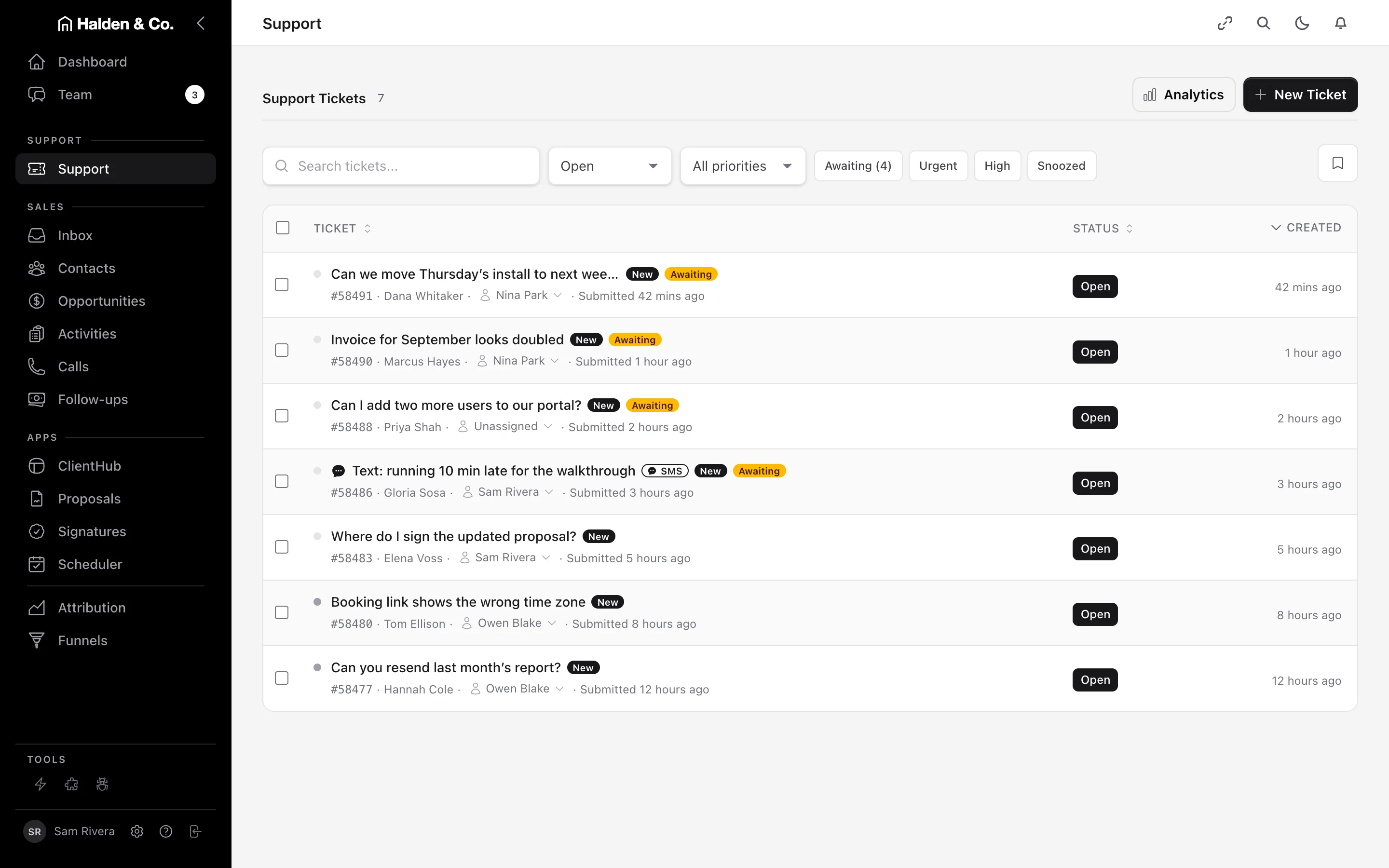 The support queue at Halden & Co.: seven open tickets by email and text, each with the customer, the assignee and the time received