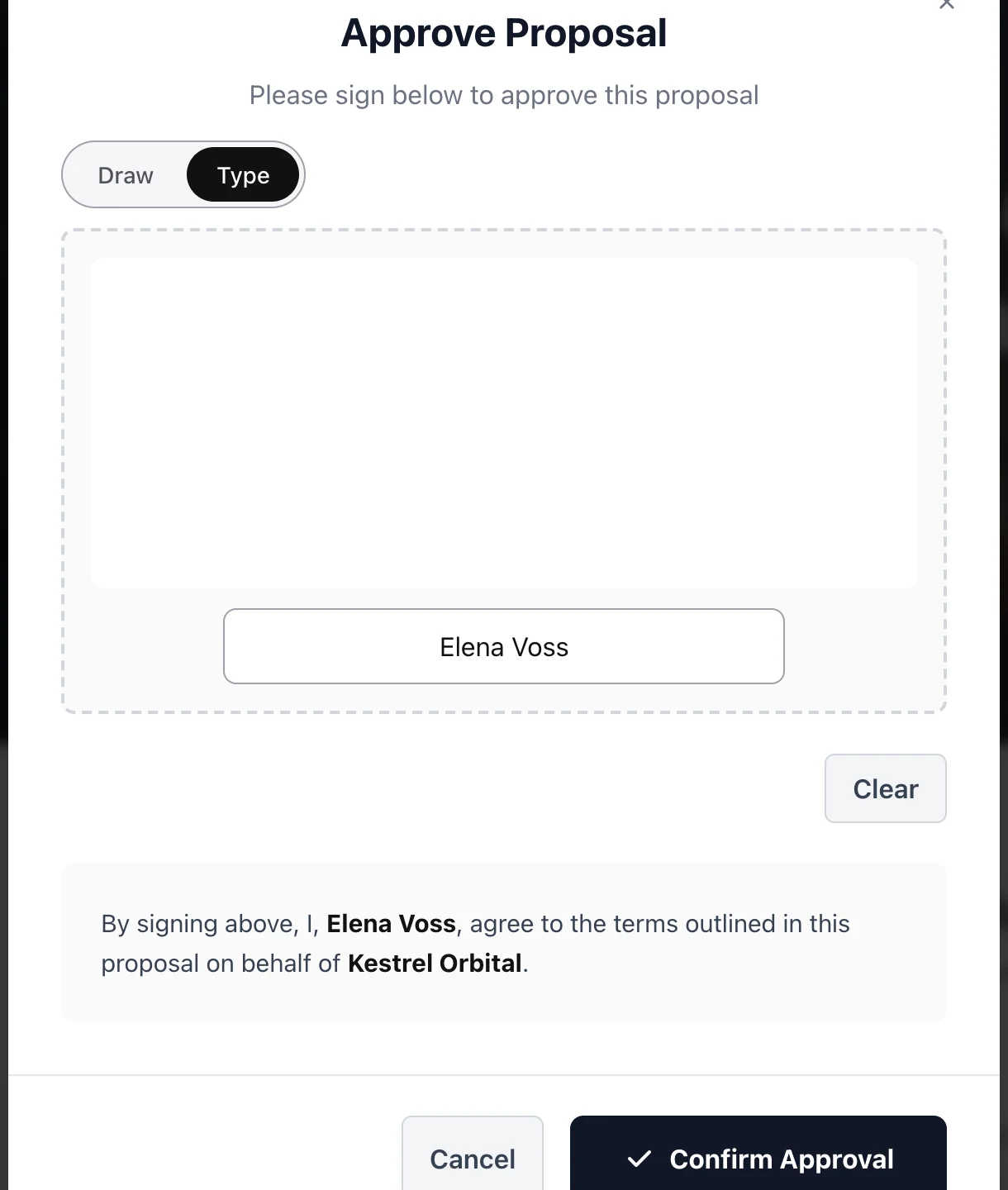 The approval sheet with Elena Voss’s signature and the Confirm Approval button