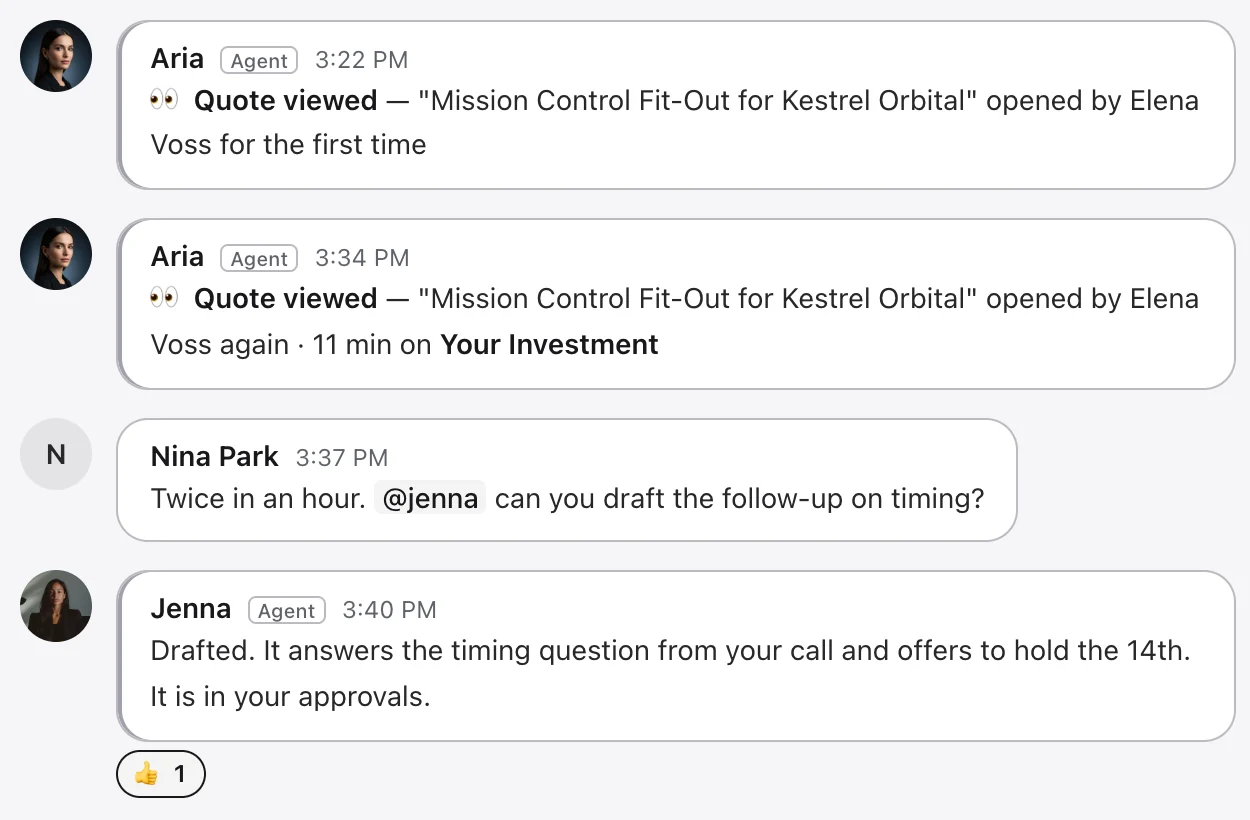 Aria’s two “Quote viewed” posts, Nina’s request and Jenna’s draft reply