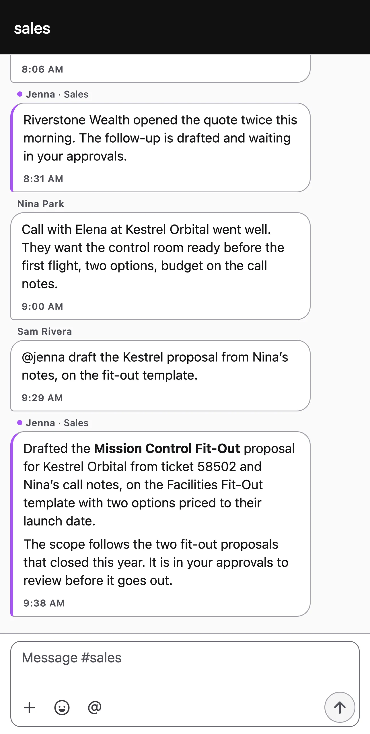 The iPhone app, #sales: Sam asks Jenna to draft the Kestrel Orbital proposal from Nina’s call notes, and Jenna has it ready for review