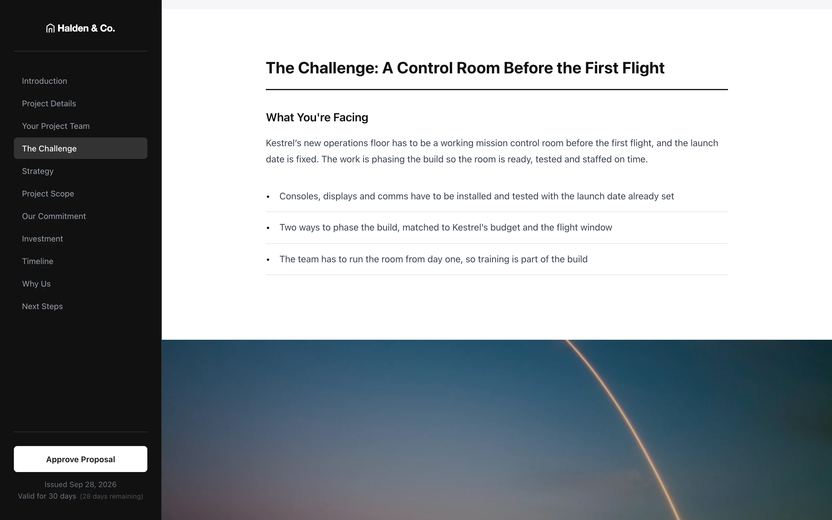 The drafted proposal open at its Challenge section, which describes a control room needed before the first flight, written from the call