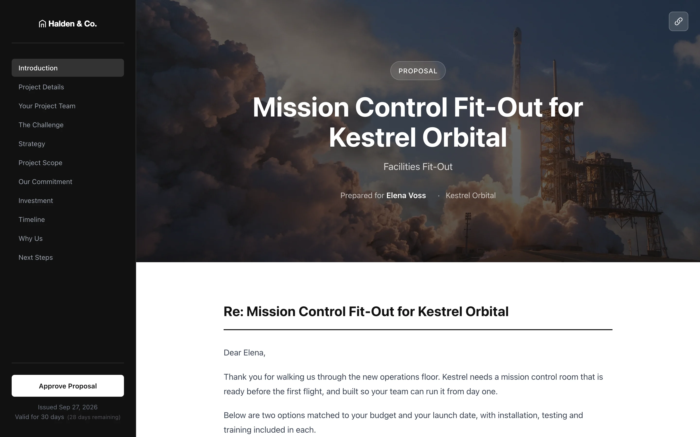 A proposal in the browser: the sections down the side, the cover, and an Approve Proposal button