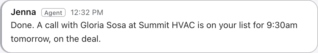 Jenna’s message saying a call with Gloria Sosa at Summit HVAC is on your list for 9:30am tomorrow, linked to her deal