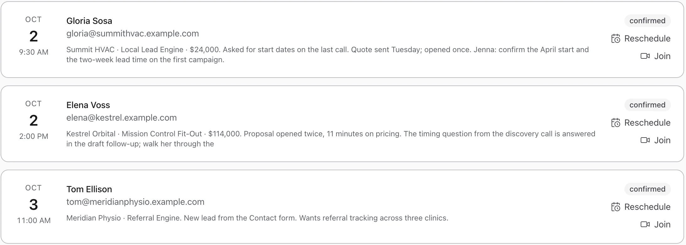 Two bookings with their prep notes
