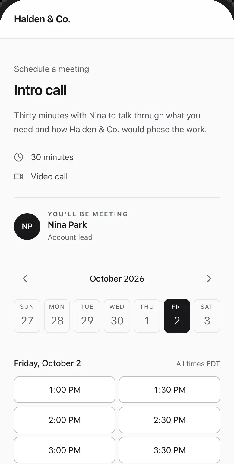 Booking an intro call with Halden & Co. on a phone: the day, the times and who you will meet
