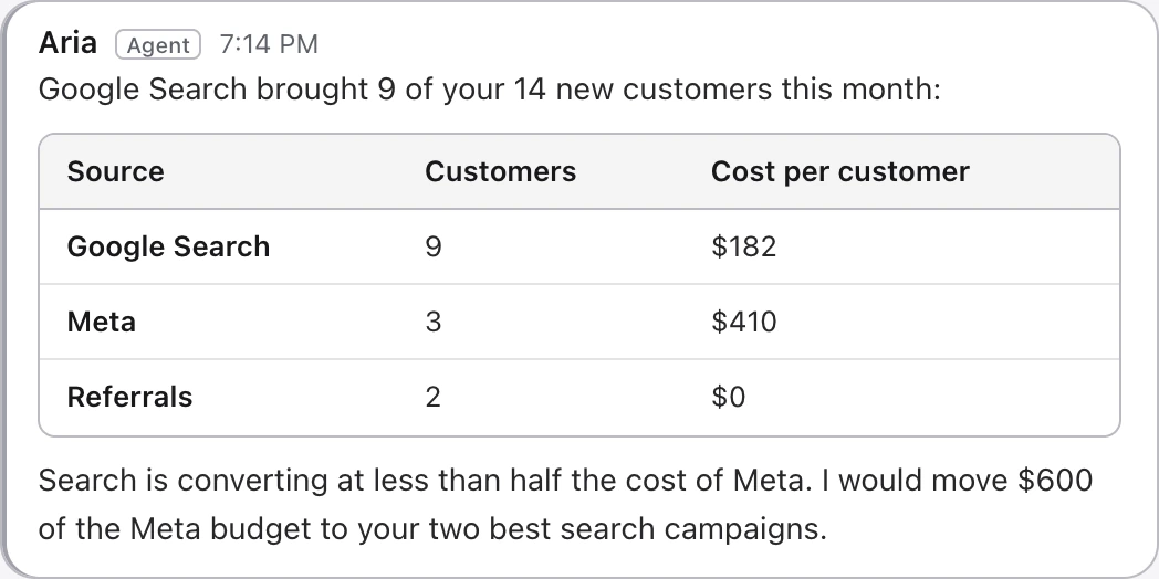 Aria showing which ad sources brought customers this month and at what cost