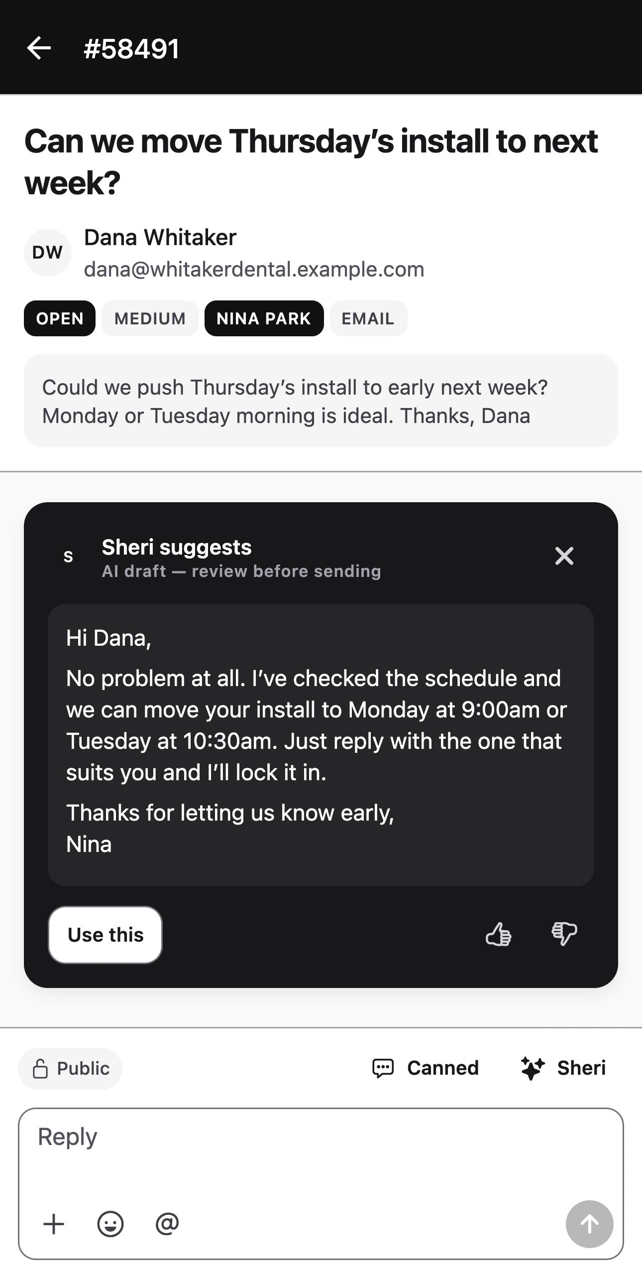 The iPhone app: Sheri’s suggested reply on a ticket, ready to use