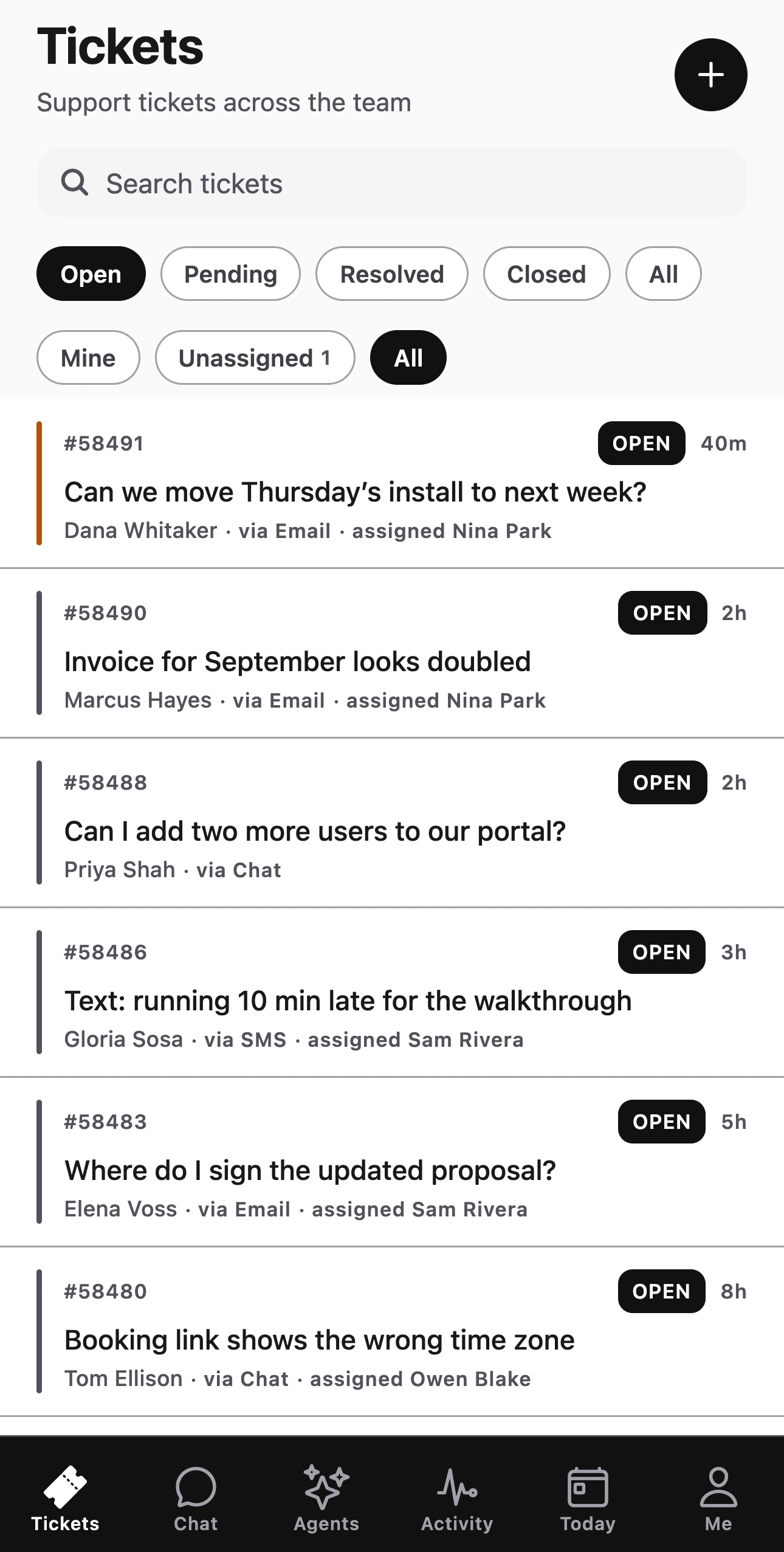 The iPhone app: every open ticket, newest first