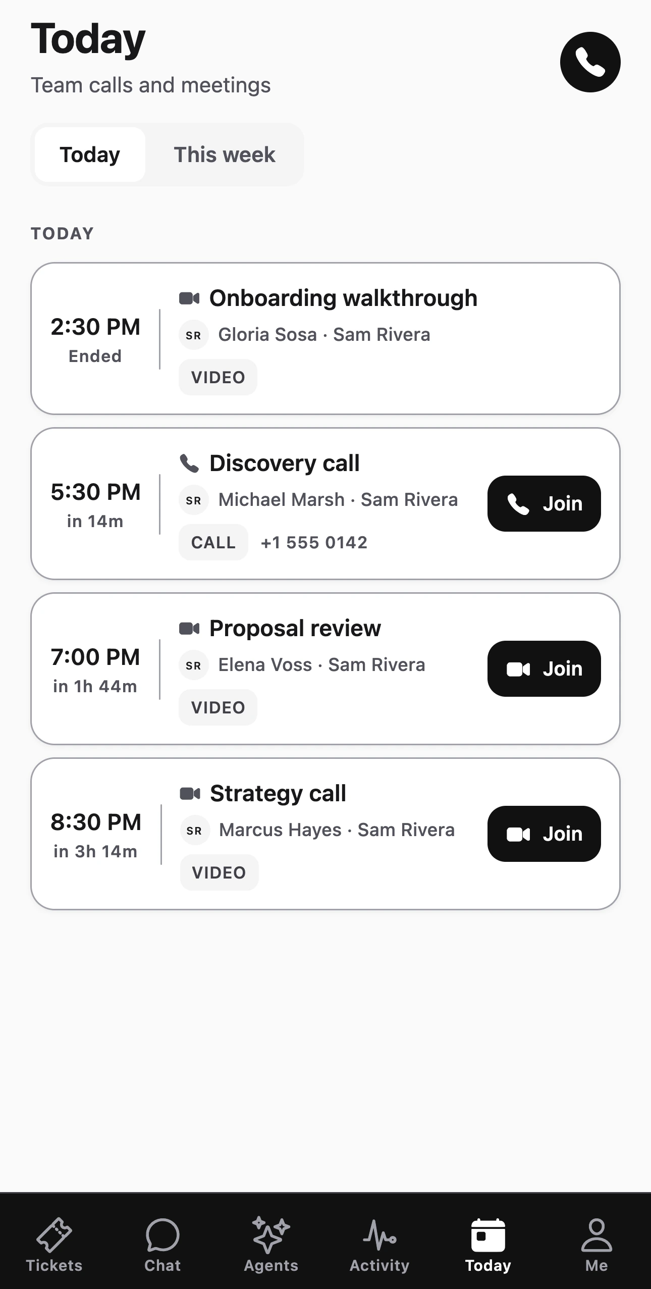 The iPhone app: today’s calls with one-tap Join