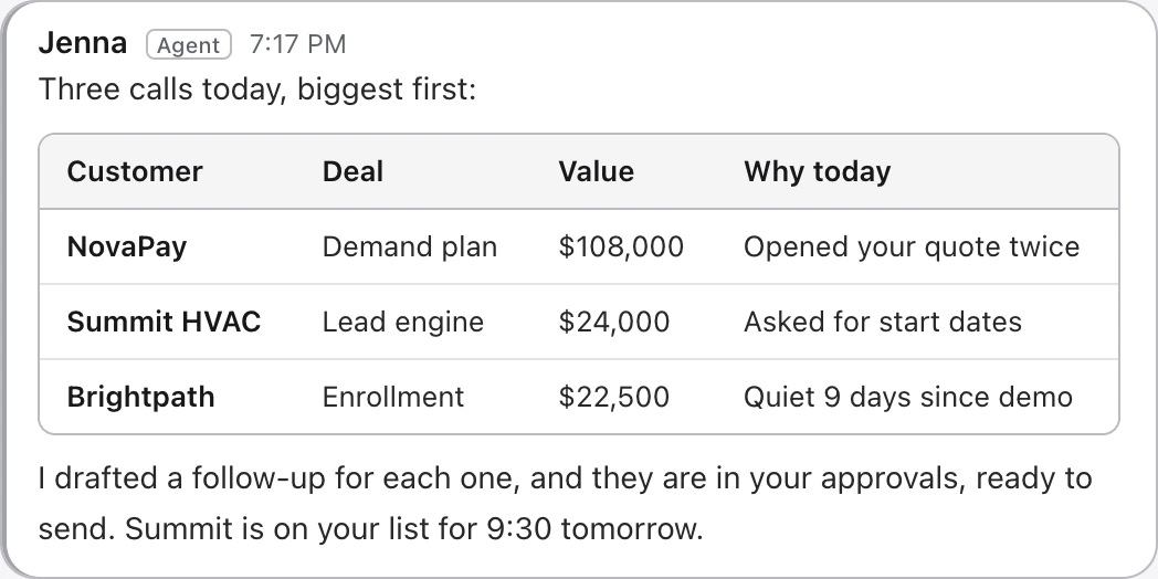 Jenna answers who to call today: three customers, the value of each deal and the reason to call