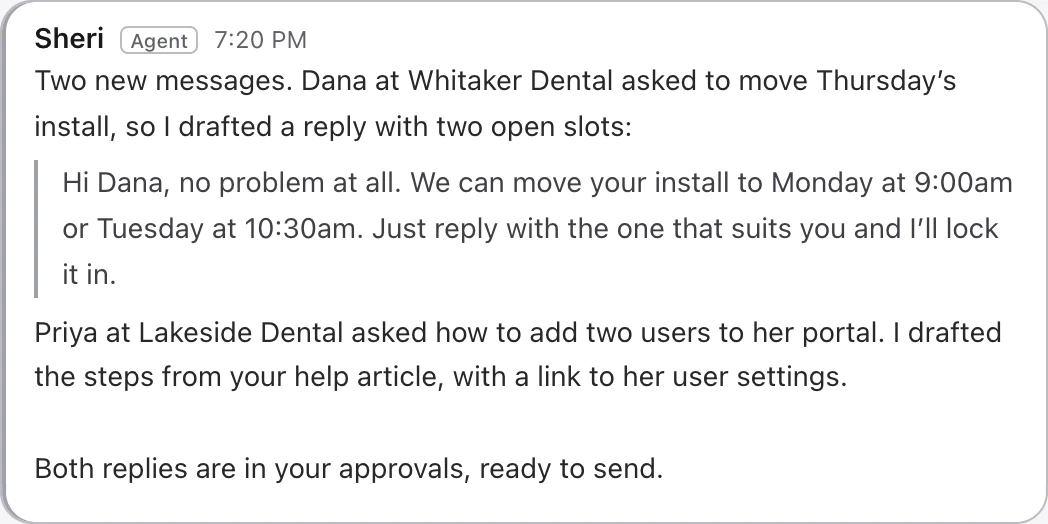 Sheri in the team room: a reply to Dana at Whitaker Dental with two open slots, drafted and waiting in approvals