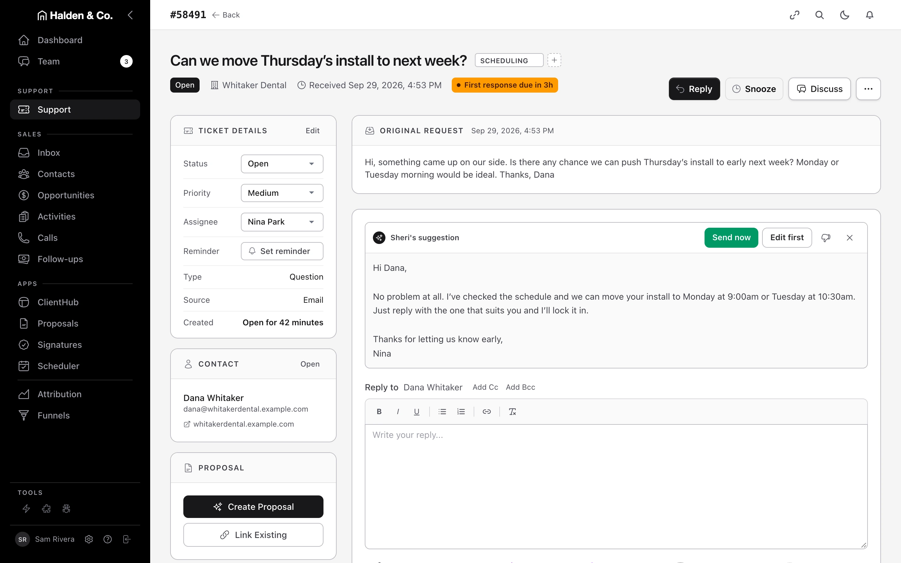 A support ticket in the Suite with Sheri’s suggested reply above the reply box, ready to send or edit
