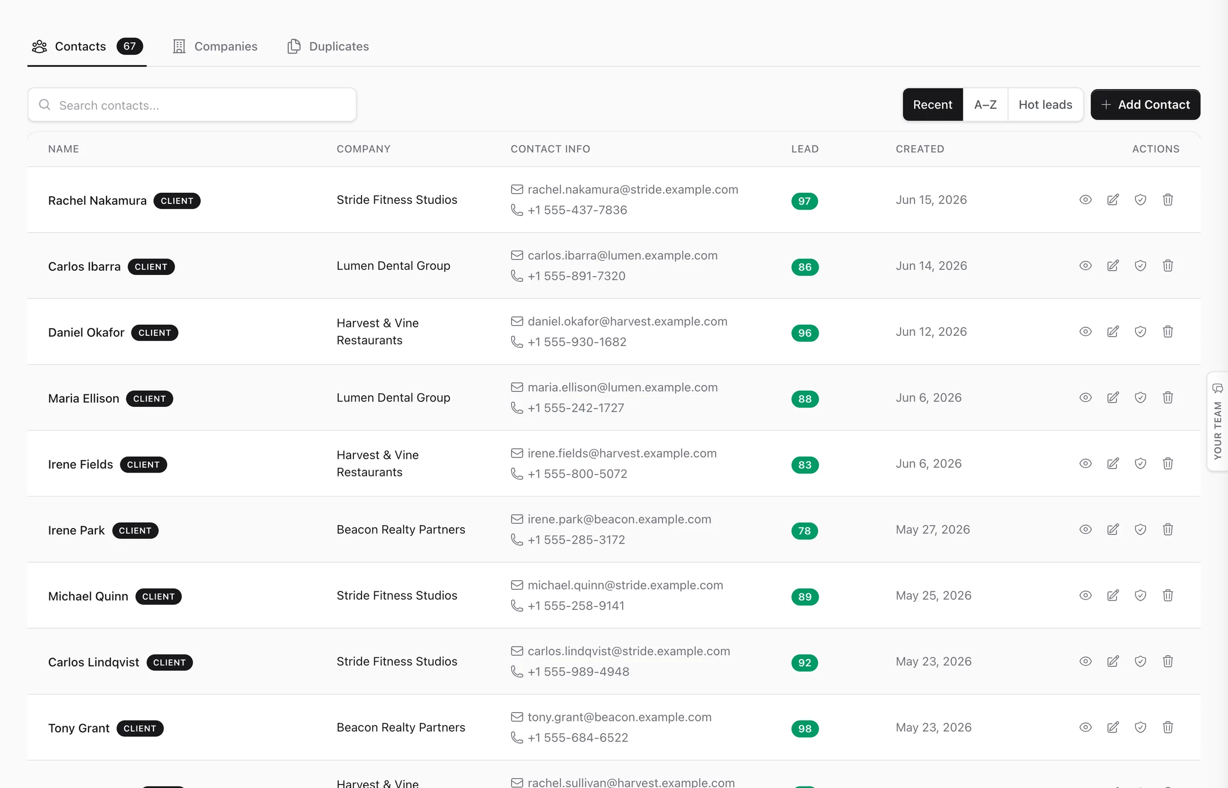 AI CRM contacts — every client scored, tagged, and worked by the agents