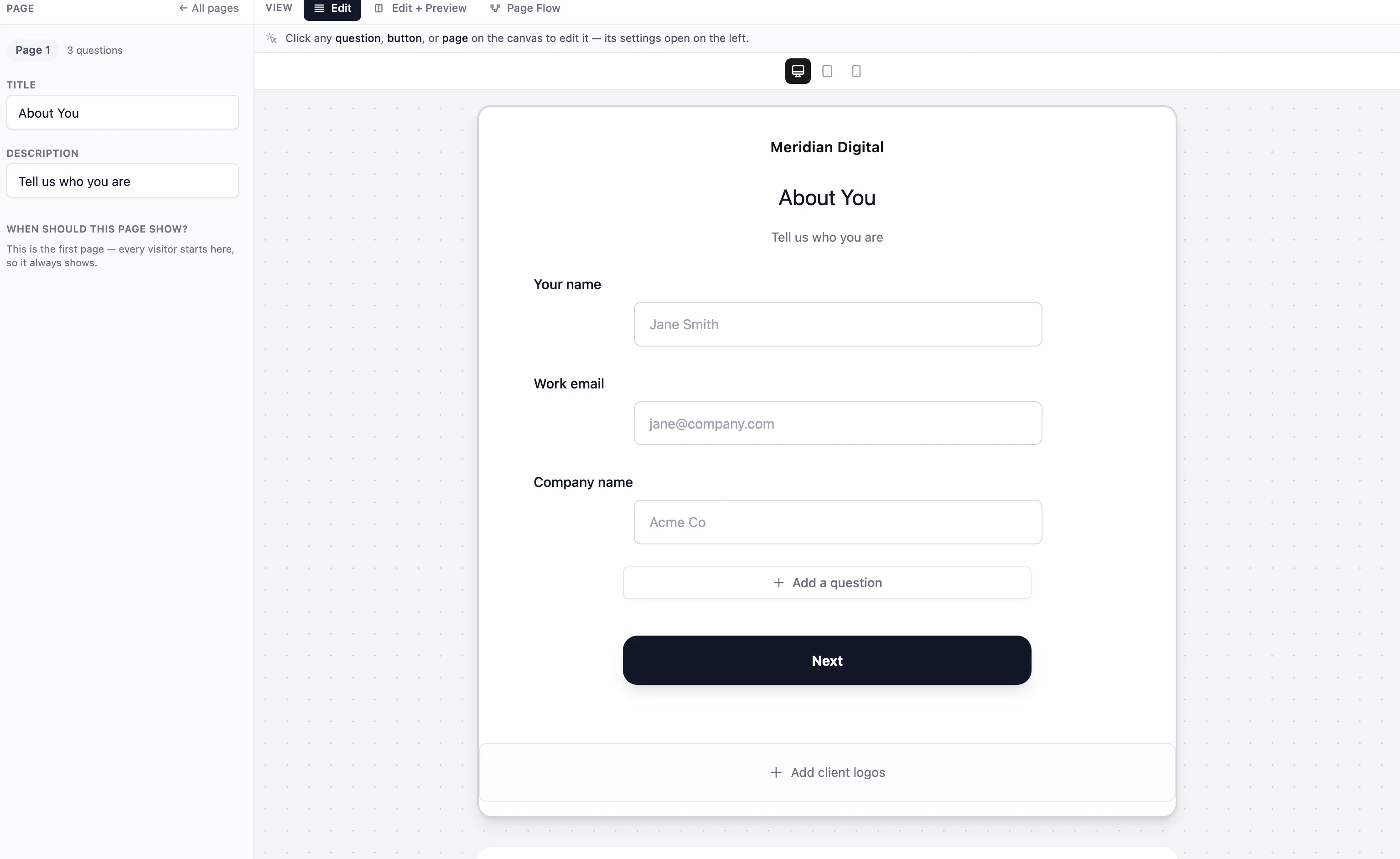 The AMW Funnels builder — a multi-step lead-qualification funnel on the canvas, with page settings and live preview