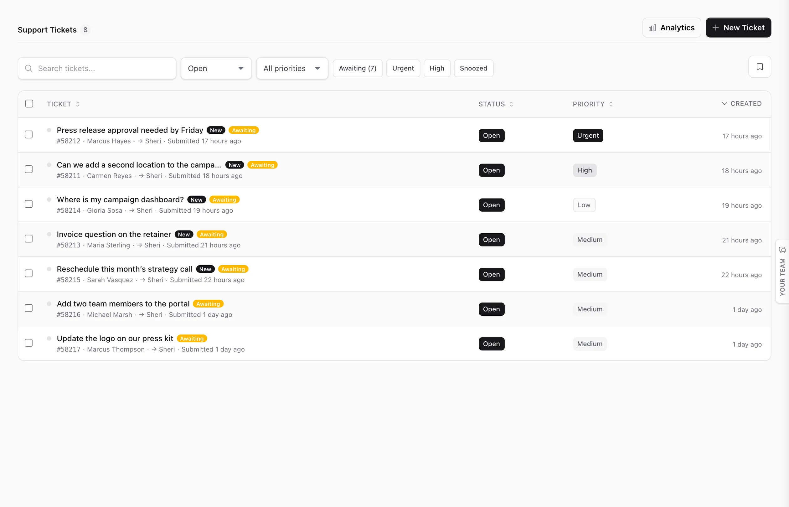 AI Helpdesk — support tickets triaged by priority, each routed to Sheri