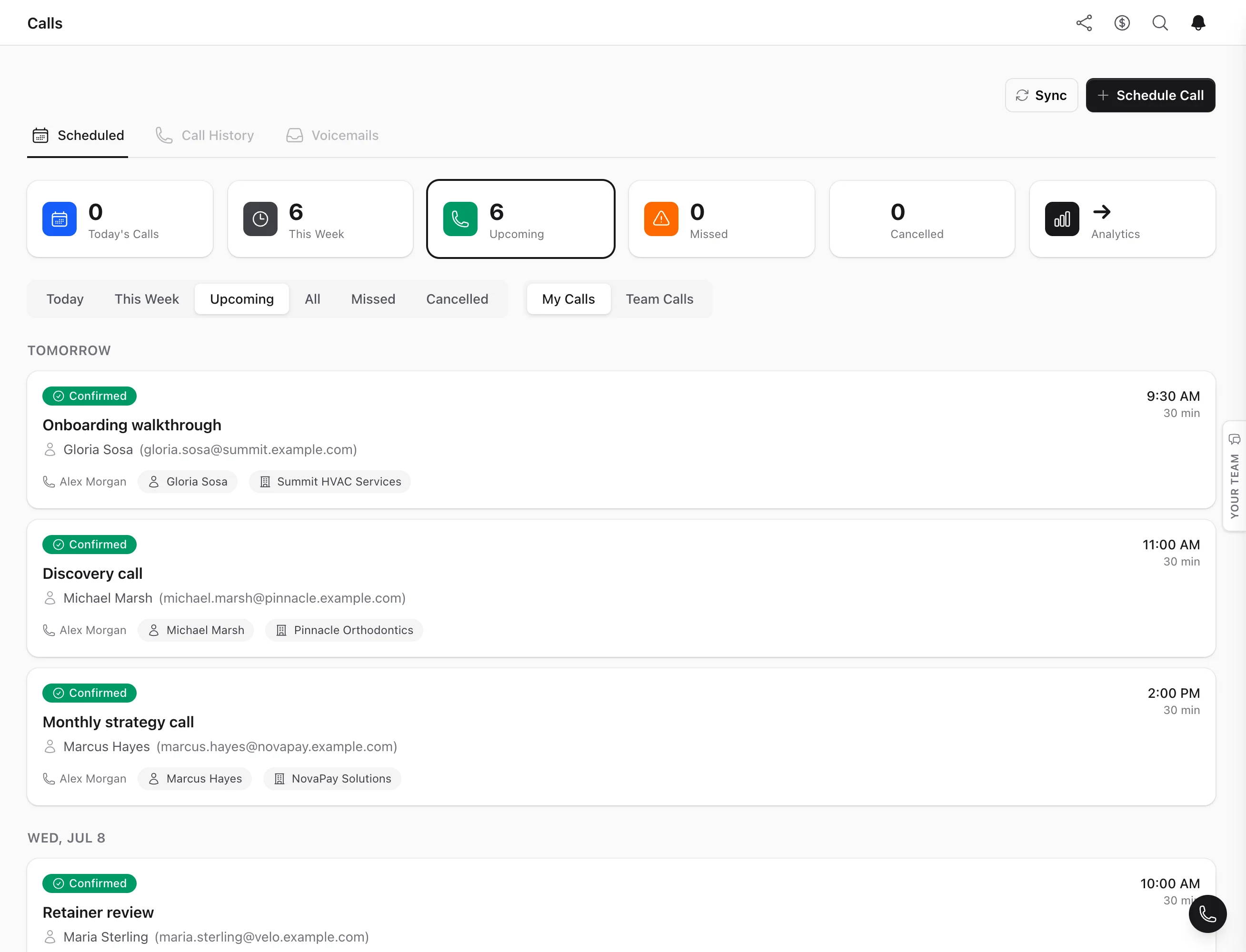 AMW Scheduler — upcoming calls, each attached to the right CRM contact